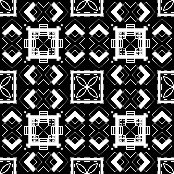 Geometric greek vector seamless pattern. Abstract tribal ethnic style background. Repeat black and white backdrop. Elegant modern ornament. Square frames, lines, greek key meanders, flowers, shapes — Stock Vector
