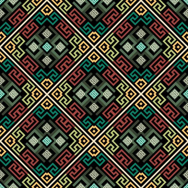 Padrão sem emenda vetorial grego geométrico. Fundo de estilo étnico tribal abstrato. Repita o pano de fundo waffled colorido. Ornamentos antigos. Molduras de losango grego, linhas, labirintos, formas. Espadim-chave grego — Vetor de Stock