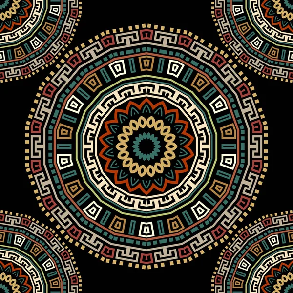 Tribal ronde mandala 's vector naadloos patroon. Kleurrijke decoratieve etnische achtergrond. Herhaal de florale achtergrond. Griekse stijl cirkels ornament. Geometrische sierlijke vormgeving. Bloemen, vormen, doolhoven, bochten — Stockvector