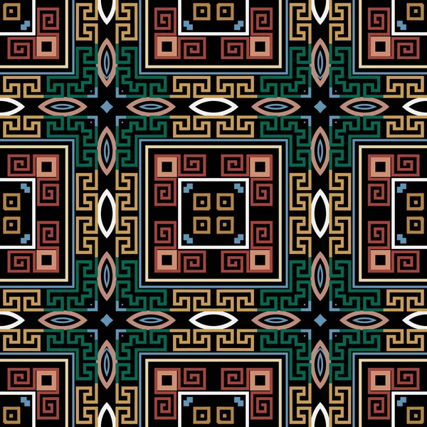 Padrão sem emenda vetorial grego geométrico. Fundo de estilo étnico tribal abstrato. Repita o cenário xadrez colorido. Ornamento de tartan elegante. Quadros quadrados gregos, linhas, flores, meandros chave gregos —  Vetores de Stock