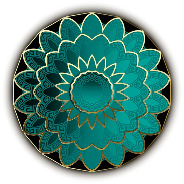 Flor de loto 3d. Patrón de mandala ornamental floral. Vector hermoso fondo. Color turquesa ornamento floral redondo sobre fondo blanco. Superficie de diseño adornado con contornos de oro. Fondo de elegancia — Vector de stock