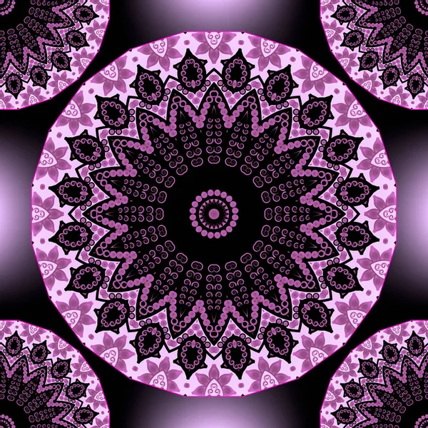 花の民族のラウンドマンダラシームレスなパターン。ベクトル紫の輝く背景。幾何学的な背景を繰り返します。花、幾何学的な形、線、形、円を持つ民俗紫色の華やかな装飾 — ストックベクタ