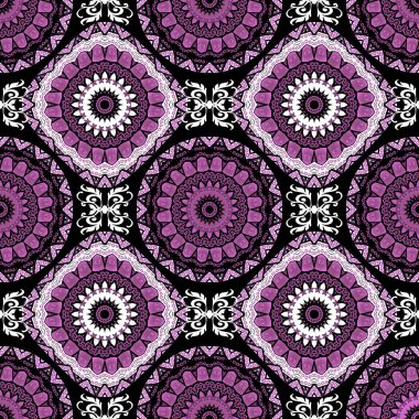 Çiçeksel folklorik yuvarlak mandalas pürüzsüz desen. Vektör mor soyut arkaplan. Geometrik arkaplanı tekrar et. Klasik çiçeklerle, geometrik şekillerle, çizgilerle, şekillerle, dairelerle Etnik menekşe süsleri
