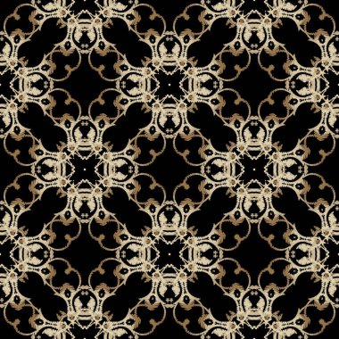 Duvar halısı, altın rengi, Barok tarzı, pürüzsüz desen. Nakış süsleme vektör arka planı. Damask grunge klasik altın çiçekler, şekiller. Dokulu kumaş deseni. İşlemeli halı süslemeleri.