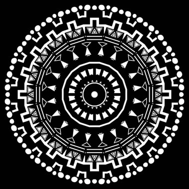 Etnik vektör yuvarlak mandalas vektör deseni. Geometrik siyah beyaz arkaplan. Geometri şekilleri, daireler, üçgenler, çerçeveler, çizgiler. Süslenip püslenen kabile tarzı süsler.