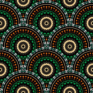 Boho vektör yuvarlak mandalas vektörsüz desen. Geometrik soyut çiçek arkaplanı. Geometri şekilleri, zikzak çizgileri, daireler, süslü kabile tarzı tekrar eden süslü süsler. Etnik tasarım