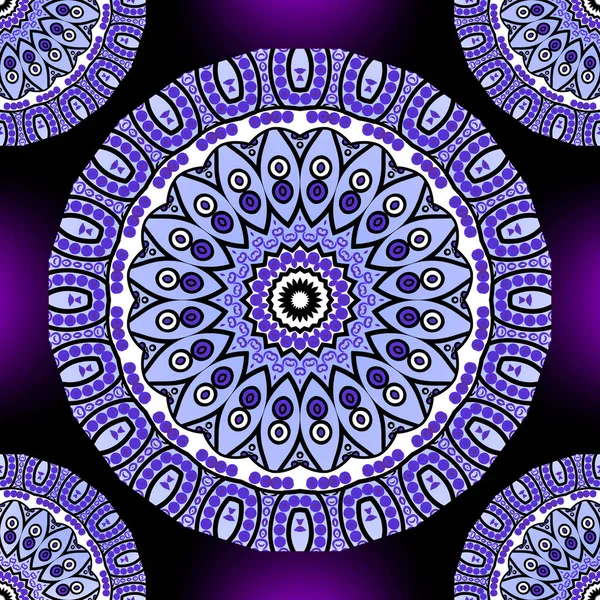 Blommig folklorisk runda mandalas sömlösa mönster. Vektor lila glödande bakgrund. Upprepa geometrisk bakgrund. Etnisk violett utsmyckning prydnad med blommor, geometriska former, linjer, former, cirklar — Stock vektor