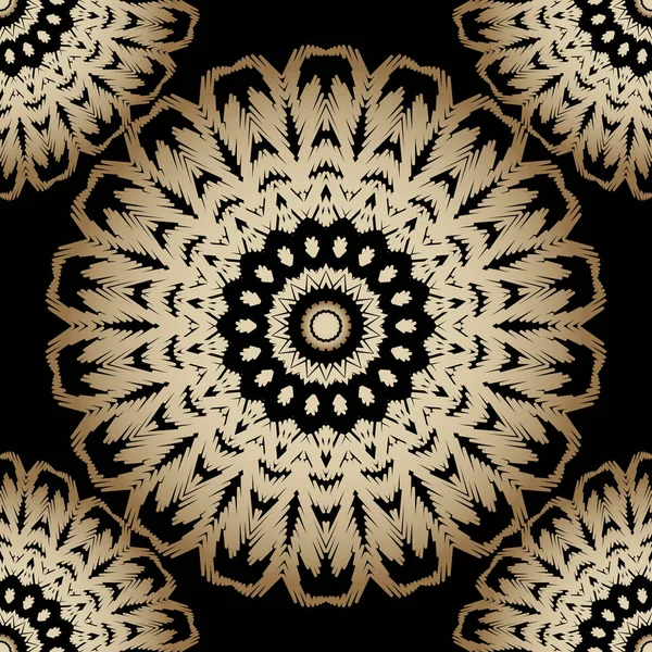 Strukturované květinové kulaté zlaté mandaly bezešvé vzor. Vektorové pozadí tapisérie. Vyšívané kulaté krajkové ozdoby. Vyšívané zlaté vinobraní květin, listí. Grunge textura. Zdobený krajkový design — Stockový vektor