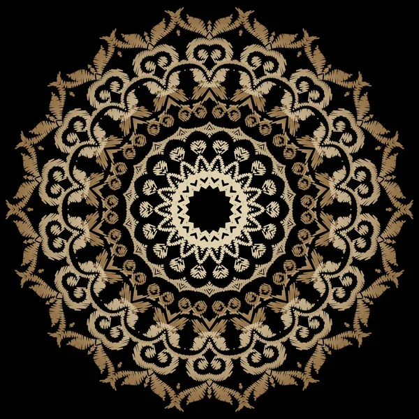 ヴィンテージゴールドマンダラパターンをテクスチャ。装飾的なタペストリーの花のベクトルの背景。バロック刺繍ラウンドレースの装飾。刺繍された黄金の花、葉。歯ざわりだ。オーナーレースデザイン — ストックベクタ