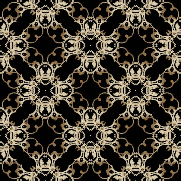 タペストリーゴールドバロック様式のシームレスなパターン。刺繍装飾ベクトルの背景。ダマスクグランジヴィンテージ黄金の花、形。テクスチャ加工生地パターン。模様の刺繍カーペットの装飾 — ストックベクタ
