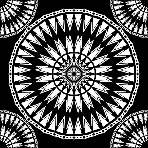 Ethnische Vektorrunde Mandalas Vektor nahtlose Muster. Geometrischer Schwarz-Weiß-Hintergrund. Geometrische Formen, Kreise, Zick-Zack-Linien, Rahmen. Ornate Stammes-Folk-Stil wiederholen Ornamente — Stockvektor