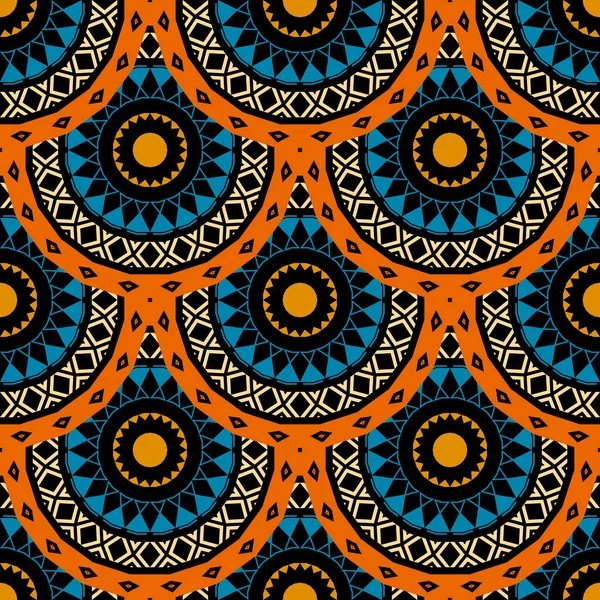 Boho vector rond mandala 's vector naadloos patroon. Geometrische abstracte flforale Deco achtergrond. Geometrie vormen, zig zag lijnen, cirkels, Ornate tribal folk stijl herhalen betegelde ornamenten. Etnisch ontwerp — Stockvector