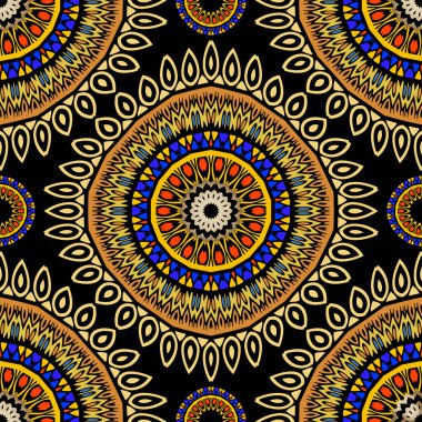 Renkli etnik çiçekli mandalalar kusursuz desenli. Vektör süsleme arka planı. Kabile arka planı. Geometrik folklorik karalama süsü soyut şekiller, çiçekler, çerçeveler. Parlak tasarım