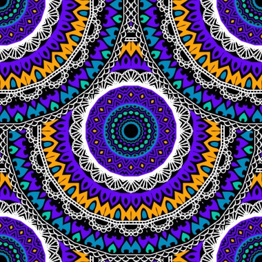 Renkli etnik çiçekli dantelli mandalalar kusursuz desenli. Vektör deco bohem arkaplan. Kabile arka planı. Geometrik folklorik yuvarlak, soyut çiçekler, çerçeveler, daireler içeren süslü süsler.