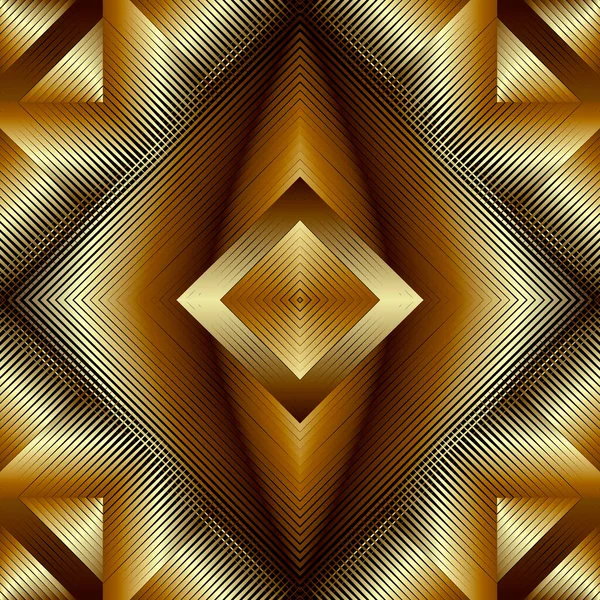 Texturerat guld 3d linjer vektor sömlöst mönster. Gyllene våfflad yta bakgrund. Upprepa grunge bakgrund med skuggor och höjdpunkter. Abstrakt randig våffelprydnad med romb. Ändlös textur — Stock vektor
