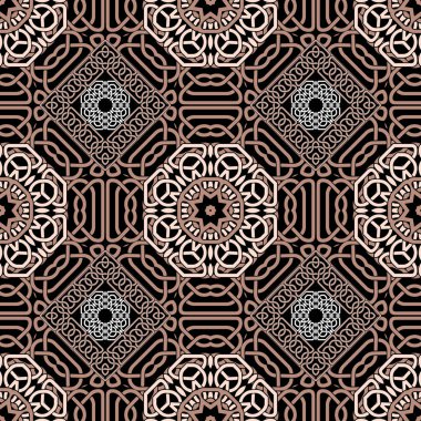 Süslü Kelt desenli. Vektör çizgileri arkaplanı. Tekrarla, sanat düğümlü Arap ornitoramları. Arkaplanda karmaşık eğri çizgiler var. Dış hatları, düğümleri, kıvrımları, mandalaları olan güzel arabesk tasarımı.