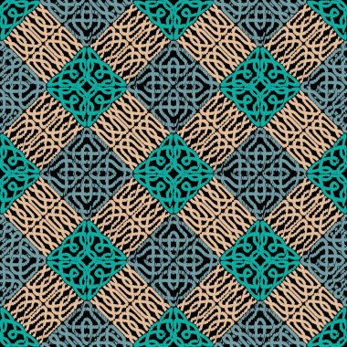 Kalıplaşmış Kelt deseni. Geometrik tekrarlanan duvar halısı arka planı. Tekrar ediyorum, grunge kabilesinin etnik arka planı. Düğümlü, karmaşık çizgiler. Nakış vektör tasarımı. Soyut sonsuz doku.