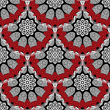 Çiçekli mandalalar pürüzsüz desenli. Zarif deko arkaplanı. Yunan dekoratif arka planı. Geometrik süs. Soyut modern vektör tasarımı. Geometrik şekiller, daireler, Yunanca anahtar, daha dolambaçlı.