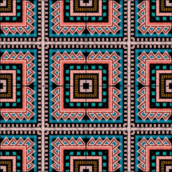 タータン刺繍カラフルなベクトルシームレスパターン 縞模様のテクスチャ再生の背景をステッチ タペストリーはグランジの背景を繰り返します 幾何学的な刺繍装飾品 正方形 フレーム ジグザグ — ストックベクタ