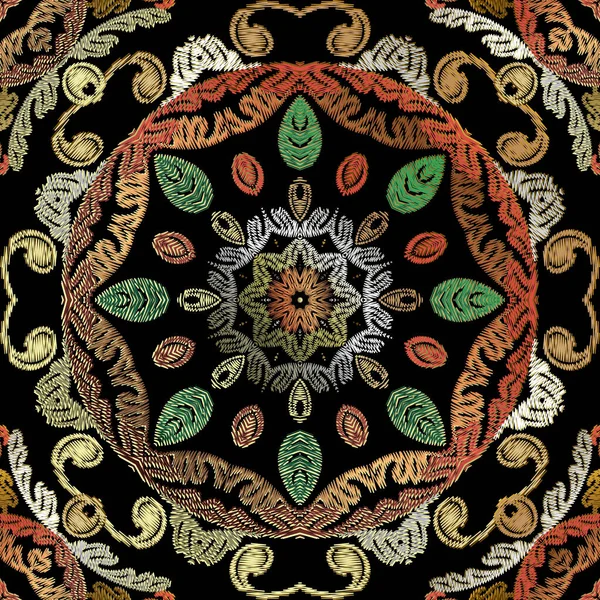 Nakış Işlemeli Barok Vektör Dikişsiz Desen Renkli Çiçekli Grunge Mandalas — Stok Vektör