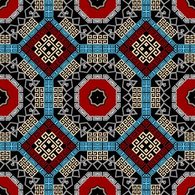 Geometrik süslemeli Yunanca vektör dikişsiz desen. Soyut modern geometrik arkaplan. Kabile etnik tarzını tekrar edin. Renkli Yunan anahtarlı turuncu süsler. Geometri şekilleri, çizgiler, mandalalar