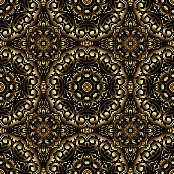 Padrão sem costura 3D floral de ouro. Vetor ornamental mandalas douradas fundo. Repita o pano de fundo arabesco padronizado. Flores vintage, folhas, mandalas, redemoinhos, formas abstratas, linhas. Ornamentos árabes — Vetor de Stock