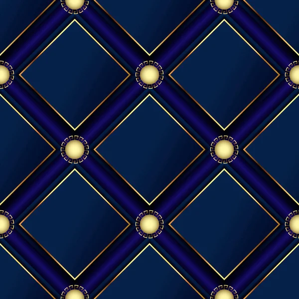 Waffled 3d vector patrón sin costura. Fondo geométrico de superficie de lujo. Repita el telón de fondo moderno azul oscuro. Hermosos ornamentos abstractos adornados con rombo, marcos de oro, mandalas de estilo griego redondo — Vector de stock