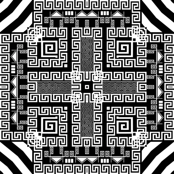 Gestreepte geometrische Griekse sleutel meander naadloos patroon. Vector abstracte zwart-wit moderne achtergrond. Strepen, zigzag, vierkanten, rechthoeken, vormen. Tartan ornamenten. Geometrische vormgeving voor stof — Stockvector