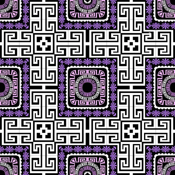 Floral étnica xadrez padrão sem costura vetor grego. Fundo geométrico tribal ornamental. Flores abstratas, formas geométricas, círculos. Enfeite meandro chave grego. Design de tartan simétrico elegante —  Vetores de Stock