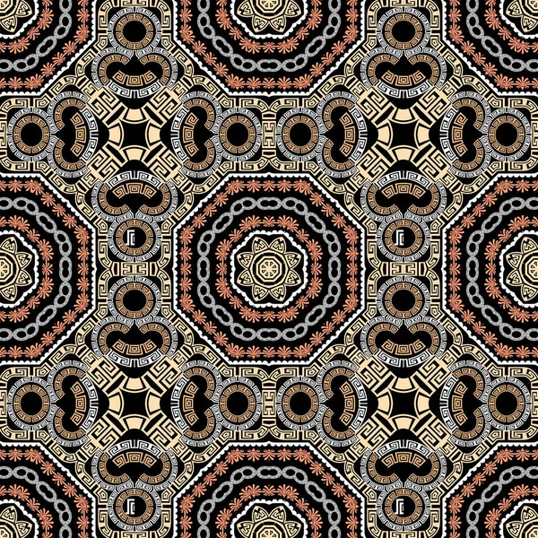 Estilo étnico floral vector griego patrón sin costuras. Fondo geométrico tribal ornamental. Flores abstractas, formas geométricas, círculos. Adorno de meandro clave griega. Diseño simétrico adornado elegante — Archivo Imágenes Vectoriales