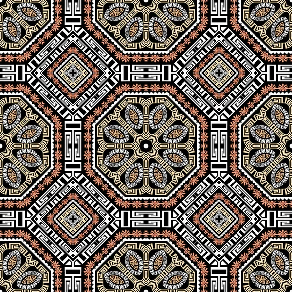 Floral ethnic style greek vector seamless pattern. Ornamental tribal geometric background. Abstract flowers, geometrical shapes, circles. Greek key meander ornament. Elegant ornate symmetrical design — Stock Vector