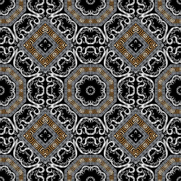 Griego Oro Plata Patrón Costuras Vectoriales Fondo Lujo Ornamental Geométrico — Archivo Imágenes Vectoriales