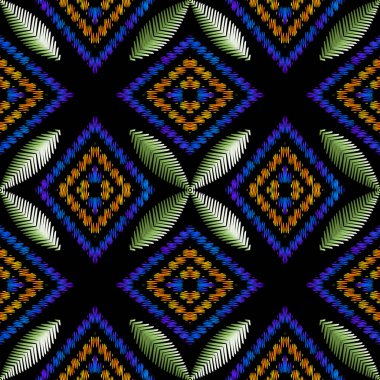 Çiçeksiz desenli çiçek vektörü deseni. Renkli duvar halısı arka planı. Tekrar ediyorum, grunge kabilesinin etnik arka planı. Nakışlı çiçekler. Geometrik süs. Zig zag çizgileriyle nakış dokusu dikiliyor.