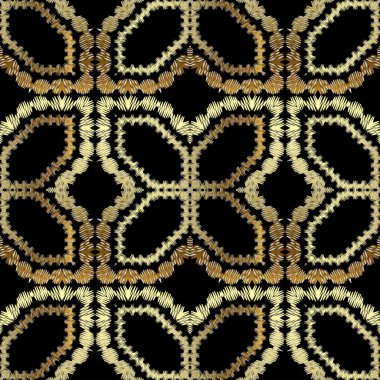 Kalıplaşmış altın vektör desenli. Arap duvar halısı geçmişi. Tekrar ediyorum, grunge kabilesinin etnik arka planı. Nakışlı arabesk süsü. Zigzag çizgileri ve şekillerle işlenmiş altın işlemeli kumaş..