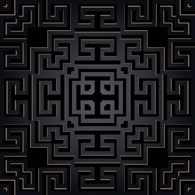 3d Geometrik koyu siyah vektör dikişsiz desen. Soyut etnik Yunan kökenli bir kabile. Simetrik dekoratif arkaplanı tekrar et. Zarif modern yüzey süsleri. Kare çerçeveler, çizgiler, Yunanca anahtar kavşaklar.