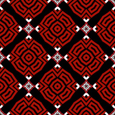 Etnik tarz renkli Yunanca vektör pürüzsüz desen. Siyah beyaz, kırmızı süslemeli geometrik arkaplan. Zarif dekoratif arka plan. Çiçek soyut süsü. İzler ve kumaş için modern tasarım.