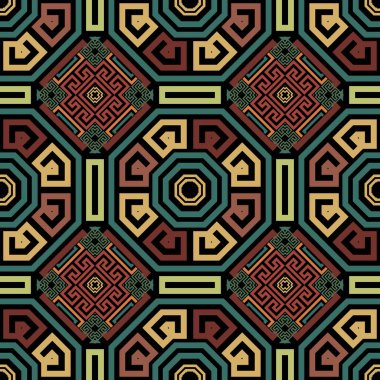 Geometrik modern vektör pürüzsüz desen. Soyut kabile etnik geçmişi. Renkli arkaplanı tekrarla. Geometri süslemeleri. Yunan çerçeveleri, çizgiler, labirentler, şekiller, mandalalar. Yunan anahtar payandası tasarımı.