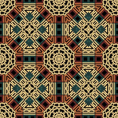 Geometrik dikişsiz desen. Yunanca renkli bir arka plan. Kabile etnik arkaplanını tekrar et. Geometrik soyut modern süs. Geometri şekilleri, çizgiler, altıgen, mandalalar, örgülü ipler, çerçeveler..