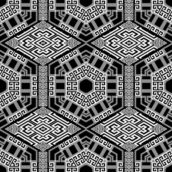 幾何学的なシームレスなパターン ギリシャの装飾黒と白の背景 部族の民族的背景を繰り返す 幾何学的な抽象的な現代の装飾 幾何学形 六角形マンダラ Rhombus フレーム — ストックベクタ