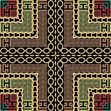 Geometrik ekoseli desen. Yunanca renkli bir arka plan. Kabile etnik arkaplanını tekrar et. Tartan süslemeleri. Soyut şekiller, zincirler, örgü ipler, kare çerçeveler, Yunanca anahtar yollar.