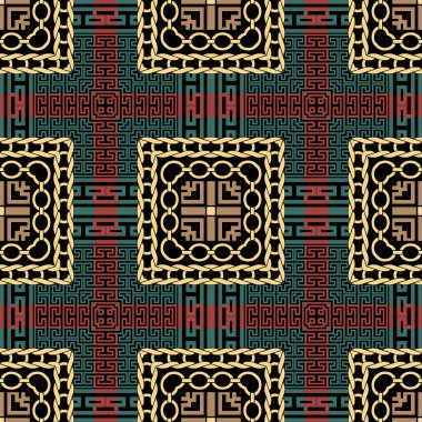 Geometrik ekoseli desen. Yunanca renkli bir arka plan. Kabile etnik arkaplanını tekrar et. Tartan süslemeleri. Soyut şekiller, zincirler, örgü ipler, kare çerçeveler, Yunanca anahtar yollar.