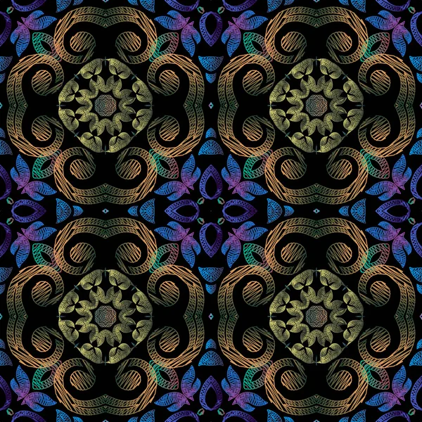 Bordado Floral Vector Patrón Sin Costuras Texturizado Fondo Mandalas Grunge — Archivo Imágenes Vectoriales