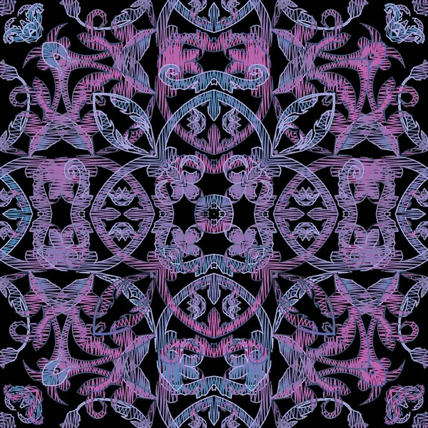 Bordado barroco vector patrón sin costuras. Fondo grunge floral colorido. Papel tapiz tapiz. Encaje flores damasco, hojas, ornamentos barrocos violetas texturizados. Textura de gobelina adornada bordada — Vector de stock