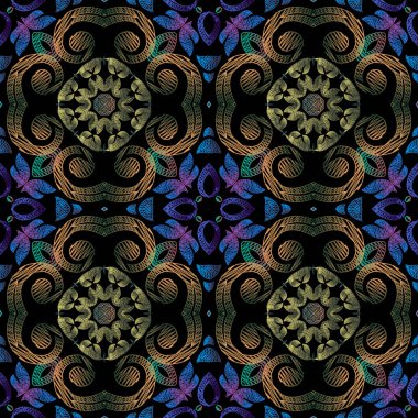 Nakış işlemeli çiçek taşıyıcı, dikişsiz desen. Desenli grunge mandalas arka planı. Duvar kâğıdı. Dantelli İspanyol çiçekleri, yapraklar. İğrenç barok süsler. İşlemeli gobelin dokusu