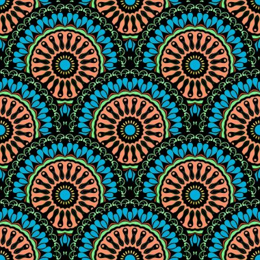Çiçeksiz desenli desenler. Boho süslemeli mandalas vektör arka planı. Kabile tarzı Paisley çiçek süsü. Yuvarlak etnik Bohem tarzı mandala tasarımı. Desenli folklorik arkaplanı tekrarla