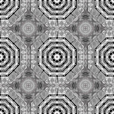 Geometrik desenli, pürüzsüz desen. Yunan süsleme vektör arka planı. Kabile etnik arkaplanını tekrar et. Soyut modern grunge süslemeleri. Geometri şekilleri, altıgen, mandalas, eşkenar dörtgen, çerçeve, dolambaçlı yollar.