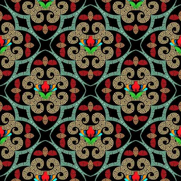 Colorido Patrón Inconsútil Vector Griego Floral Hermoso Fondo Estilo Étnico — Vector de stock