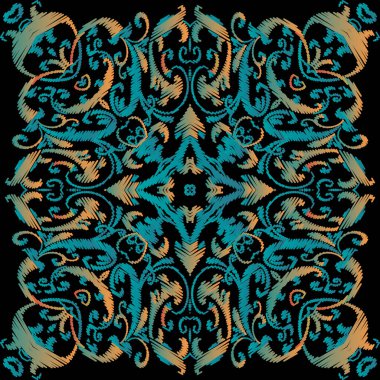 Nakış işlemeli barok vektör dikişsiz desen. Renkli bir çiçek arkaplanı. Duvar kâğıdı. Arras çiçekleri, yaprakları, yumurtadan çıkan barok süslemeleri. Nakışlı doku. Desenli tasarım.