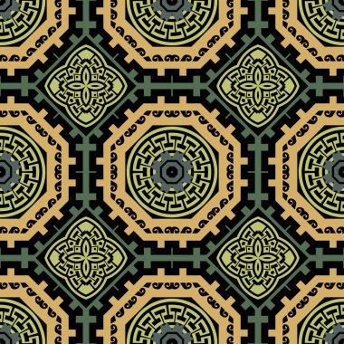 Renkli çiçek desenli Yunan vektörü. Çok güzel bir etnik tarz geçmişi var. Dekoratif soyut arkaplanı tekrarla. Modern Yunan anahtarlarının süsleri. Zarif çiçekler, yapraklar, çerçeveler.