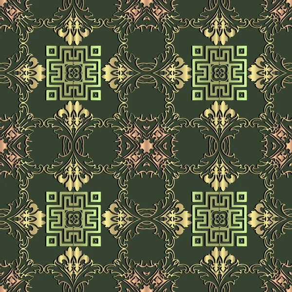 Vintage Gold Floral Vector Seamless Pattern Dark Green Ornamental Baroque — Stock Vector